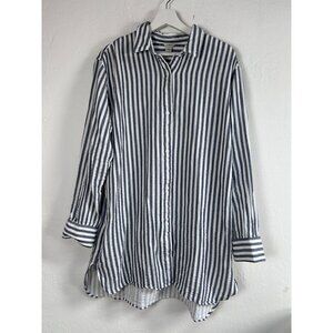 L.L.Bean Womens Striped Button-Down Long Sleeve Shirt Large White &Gray Cotton